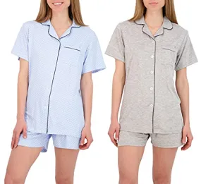 2 Pack:Womens Short Sleeve Button Up Pajama Set Summer PJ Super Soft Cute Ladies Sleep Wear Casual Night Lounge Notch Collar Top Shorts Pajamas Women Silk Satin Cotton Sexy Mujer Pyjama Sets-Set 1,M