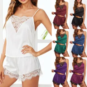 2021 Sexy Women Ladies Satin Lingerie Lace Pajamas Set Elegant Sleeveless Top And Shorts Night Suit