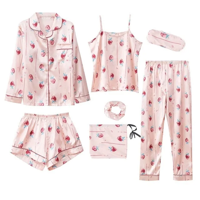 7 Pieces Sealife Womens Silk Satin Pajamas Sets Pyjamas Set Sleepwear