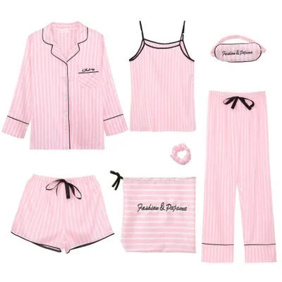 7 Pieces Sealife Womens Silk Satin Pajamas Sets Pyjamas Set Sleepwear