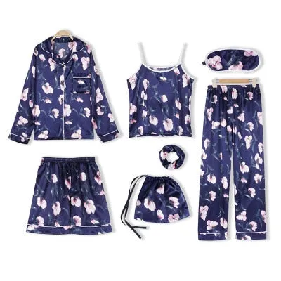 7 Pieces Sealife Womens Silk Satin Pajamas Sets Pyjamas Set Sleepwear