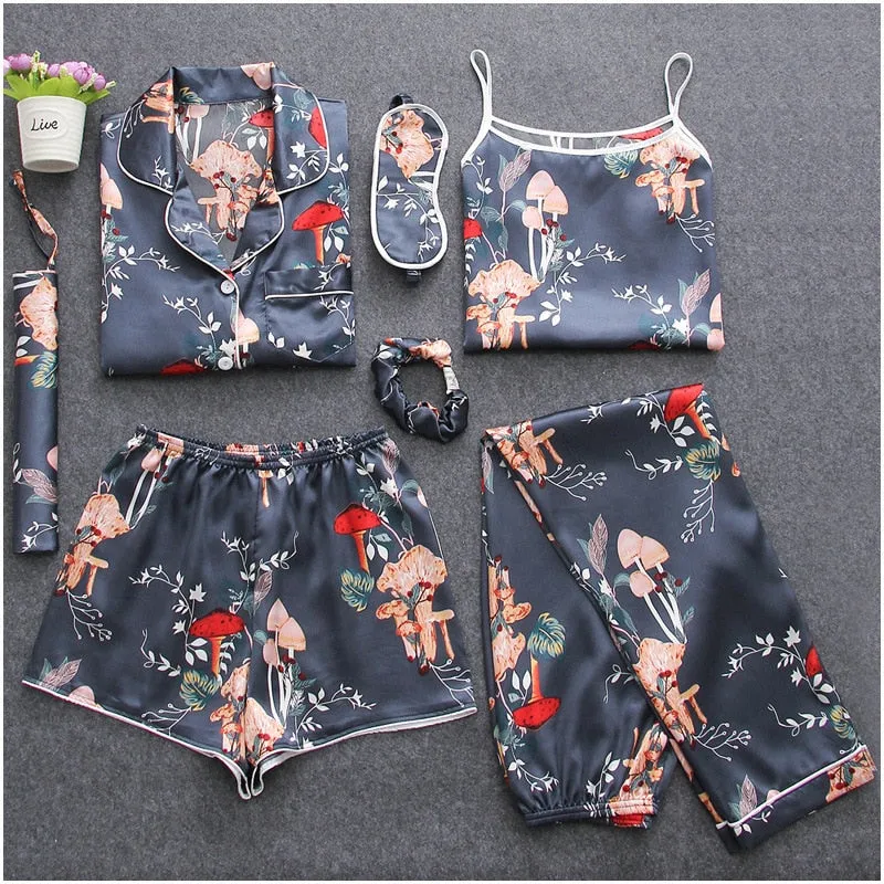 7 Pieces Sealife Womens Silk Satin Pajamas Sets Pyjamas Set Sleepwear