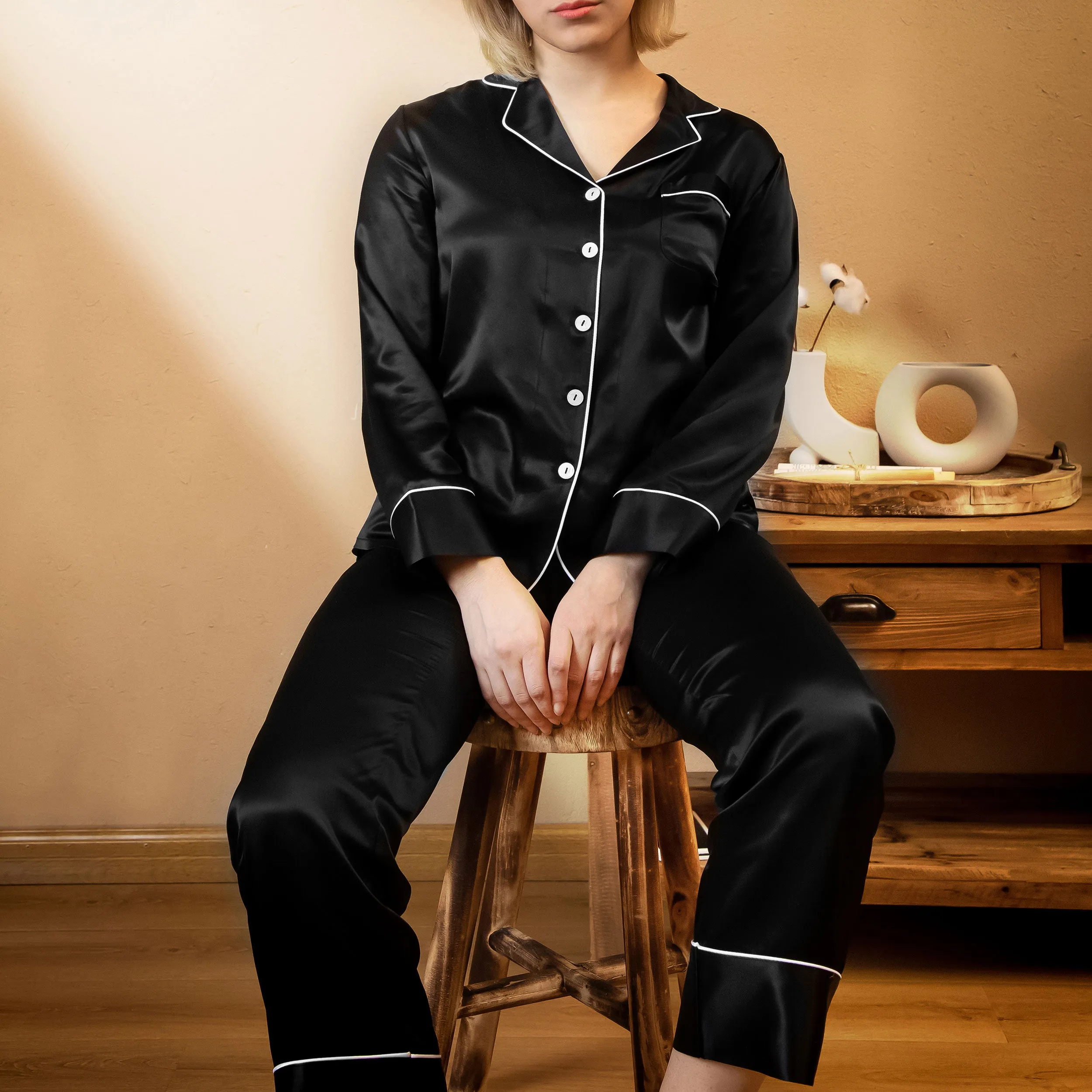 At Home - Piped Silk Pajamas Set for Women