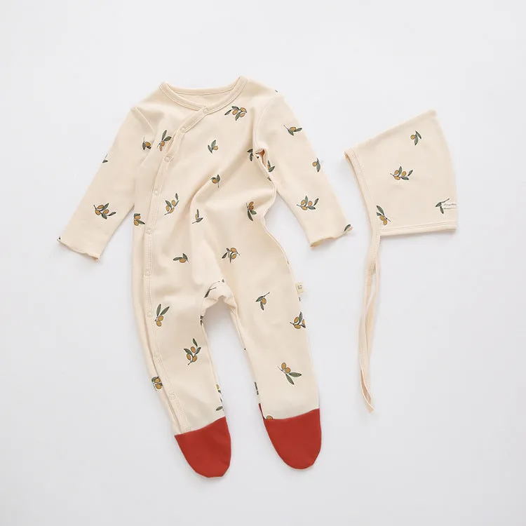 Baby Boys Girls Solid Color Cute Print Long-sleeved Wrapped Feet Jumpsuit Cap Pajamas Set