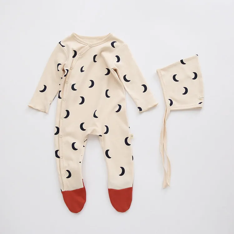 Baby Boys Girls Solid Color Cute Print Long-sleeved Wrapped Feet Jumpsuit Cap Pajamas Set