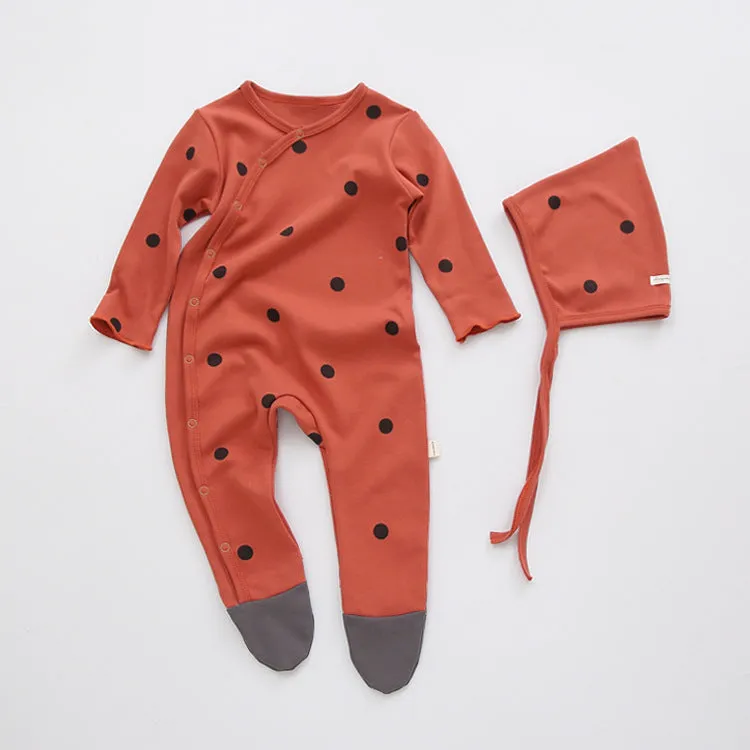 Baby Boys Girls Solid Color Cute Print Long-sleeved Wrapped Feet Jumpsuit Cap Pajamas Set