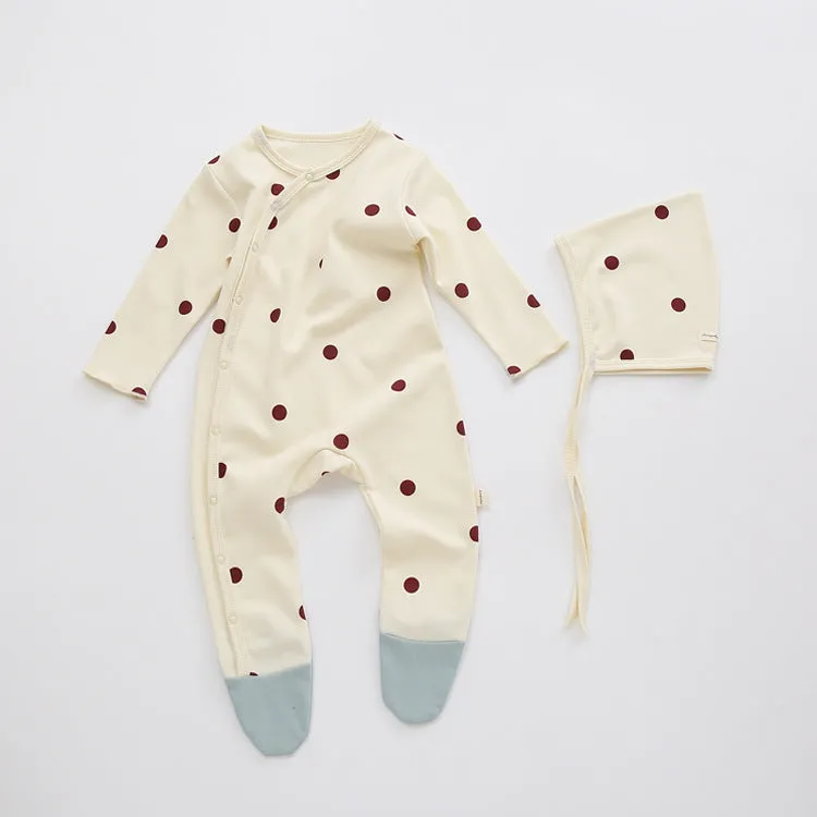 Baby Boys Girls Solid Color Cute Print Long-sleeved Wrapped Feet Jumpsuit Cap Pajamas Set