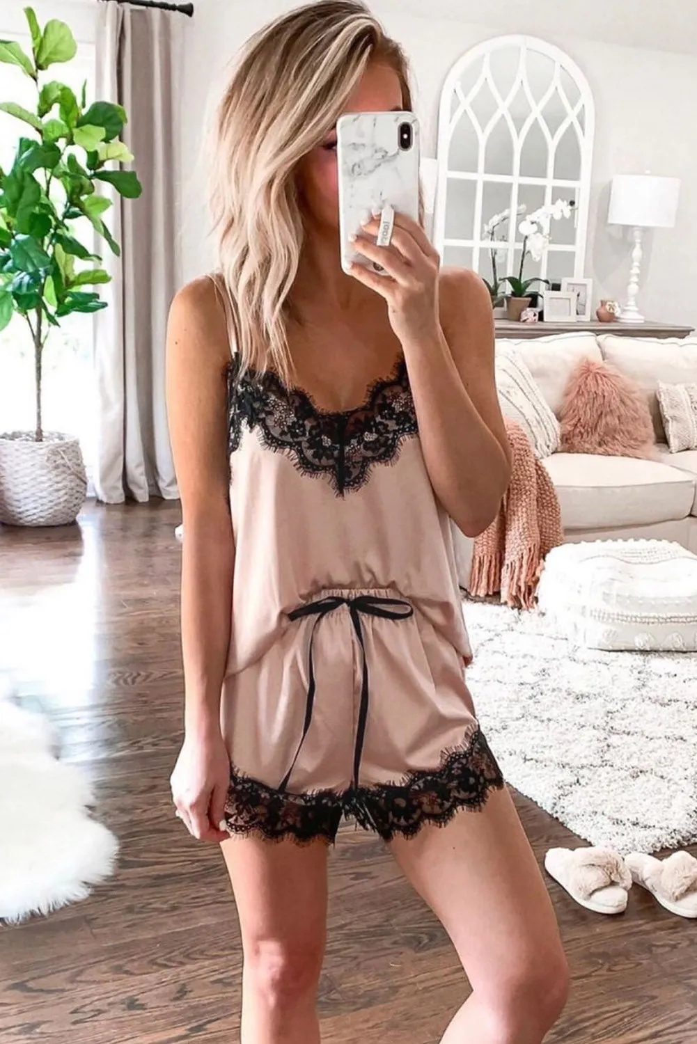 Chic Apricot Lace Satin Sleepwear Cami Top and Shorts Pajamas Set