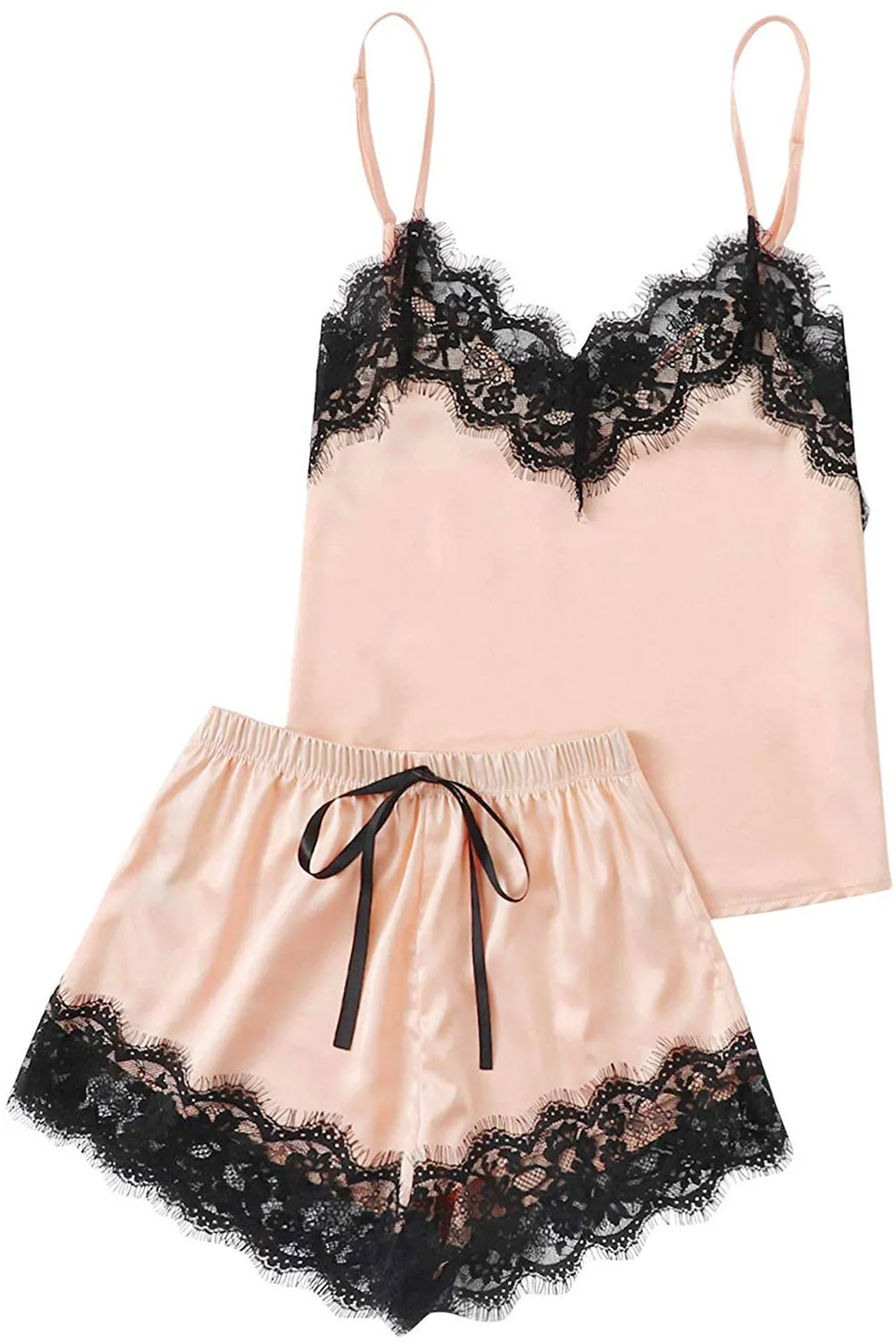 Chic Apricot Lace Satin Sleepwear Cami Top and Shorts Pajamas Set