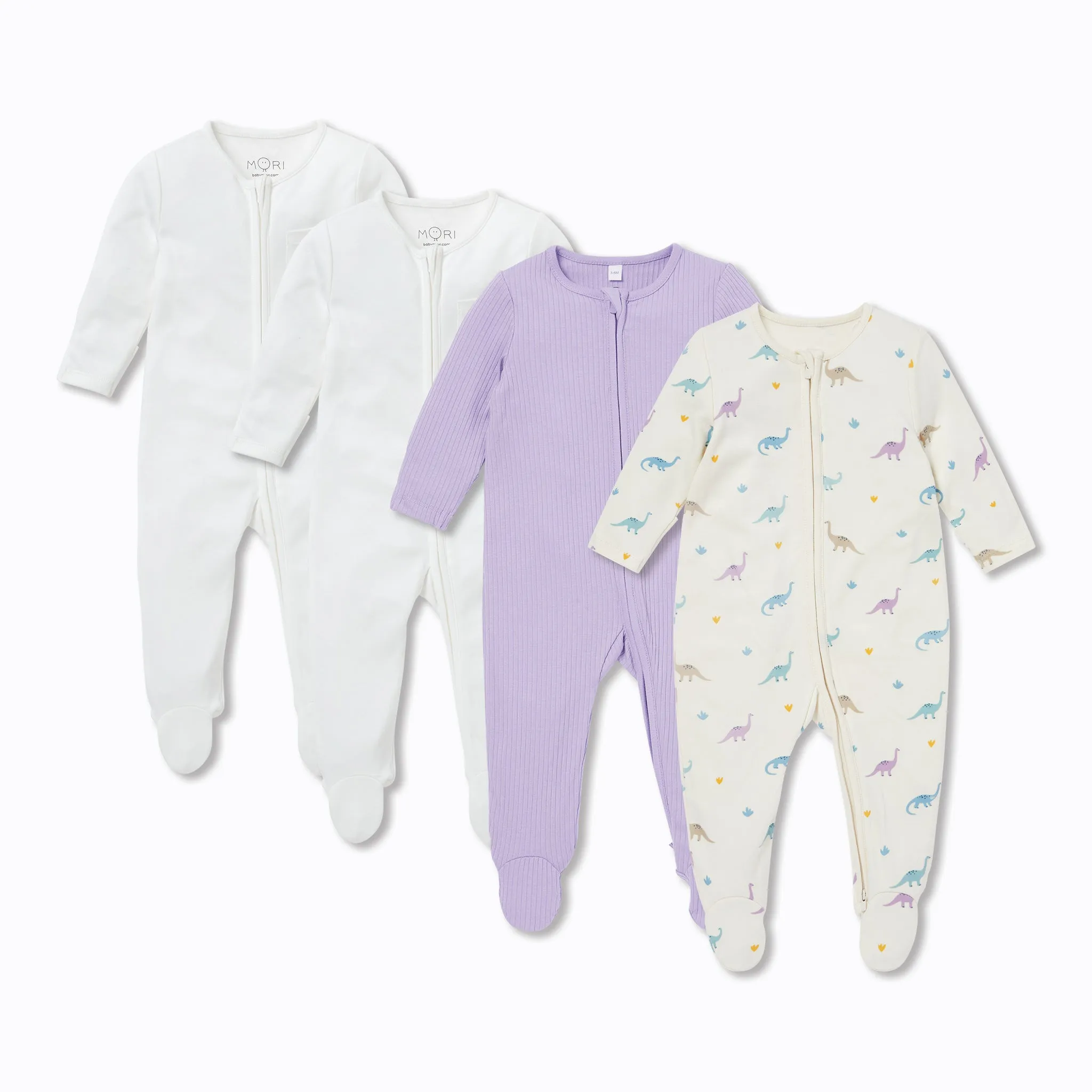 Dino & Ribbed Clever Zip Baby Pajamas 4 Pack