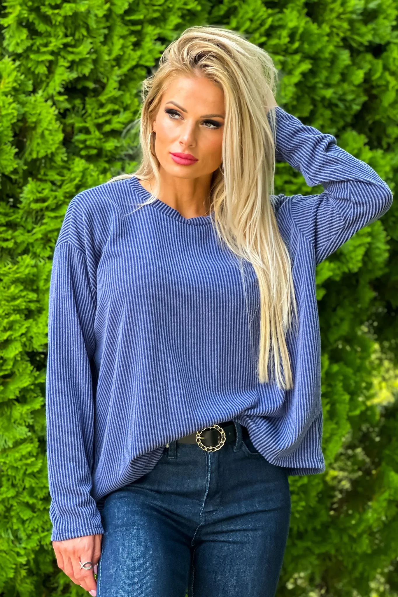 Do It My Way Thermal Ribbed Long Sleeve Top : Navy