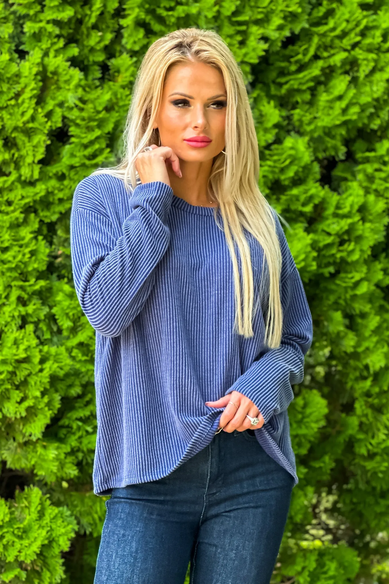 Do It My Way Thermal Ribbed Long Sleeve Top : Navy