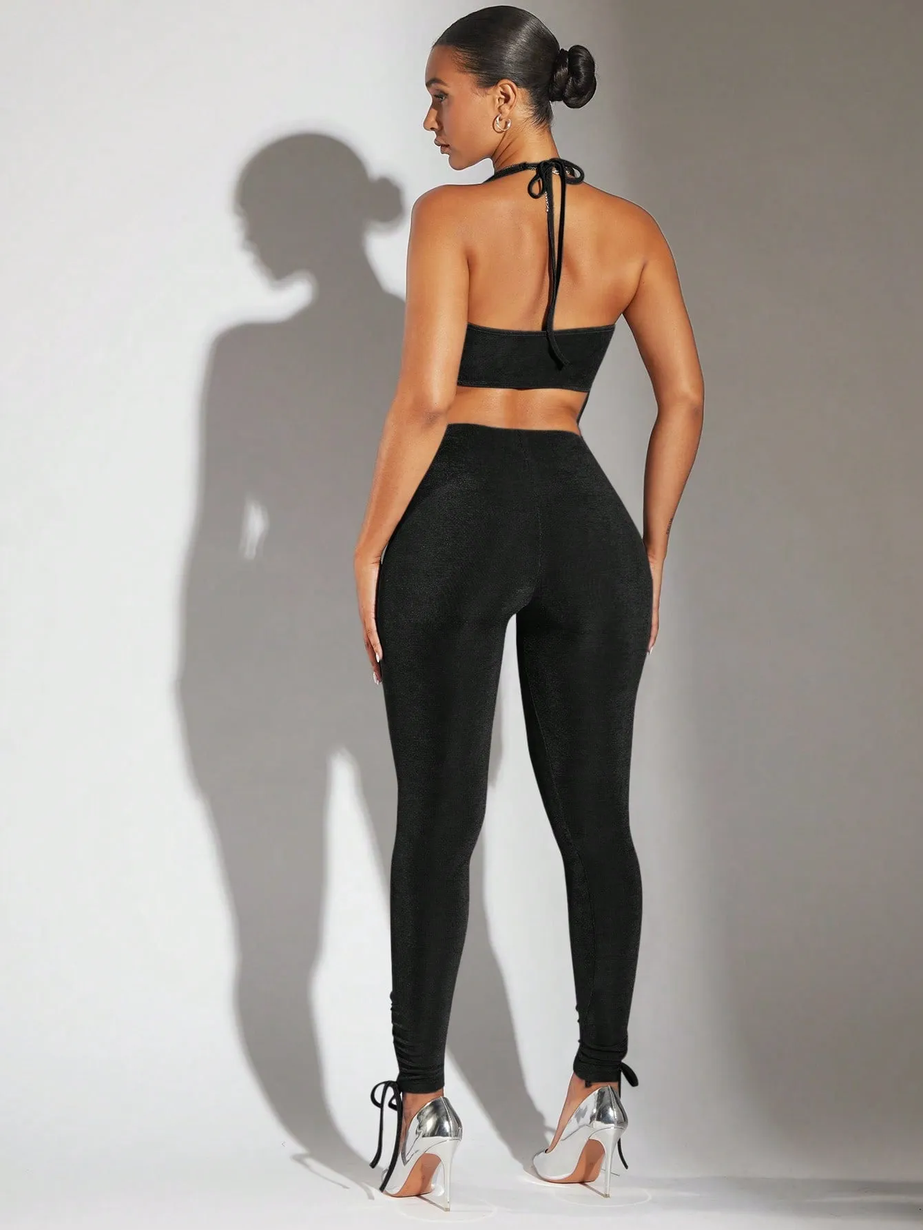 Draped Backless Halter Top  Leggings Set