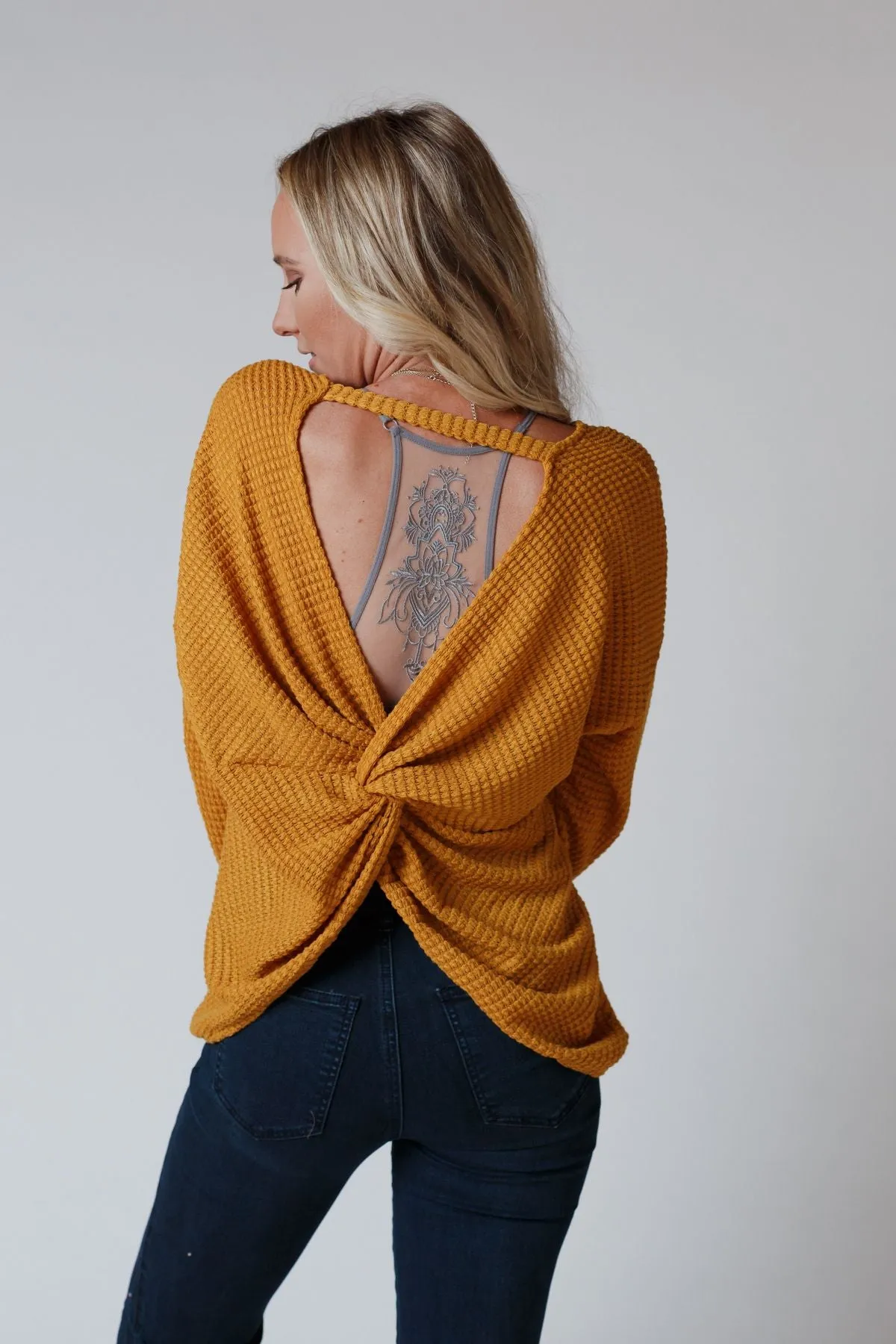 Flattering Open Back Thermal Knit Top - Mustard