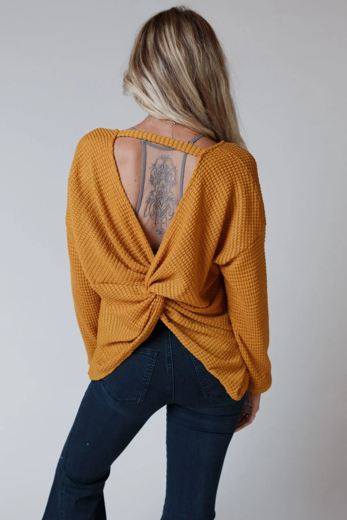 Flattering Open Back Thermal Knit Top - Mustard