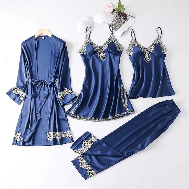 JULY&#39;S SONG New 4 Pieces Women Pajamas Sets Faux Silk Pajamas Sleepwear Sets Elegant Sexy Lace Fashion Spring Autumn Homewear