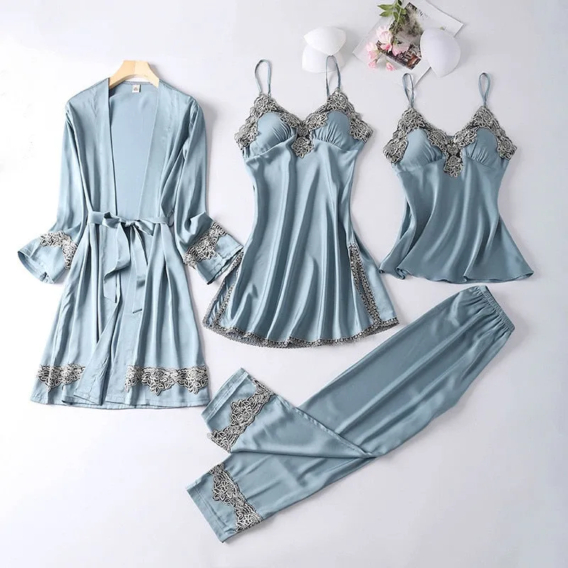 JULY&#39;S SONG New 4 Pieces Women Pajamas Sets Faux Silk Pajamas Sleepwear Sets Elegant Sexy Lace Fashion Spring Autumn Homewear