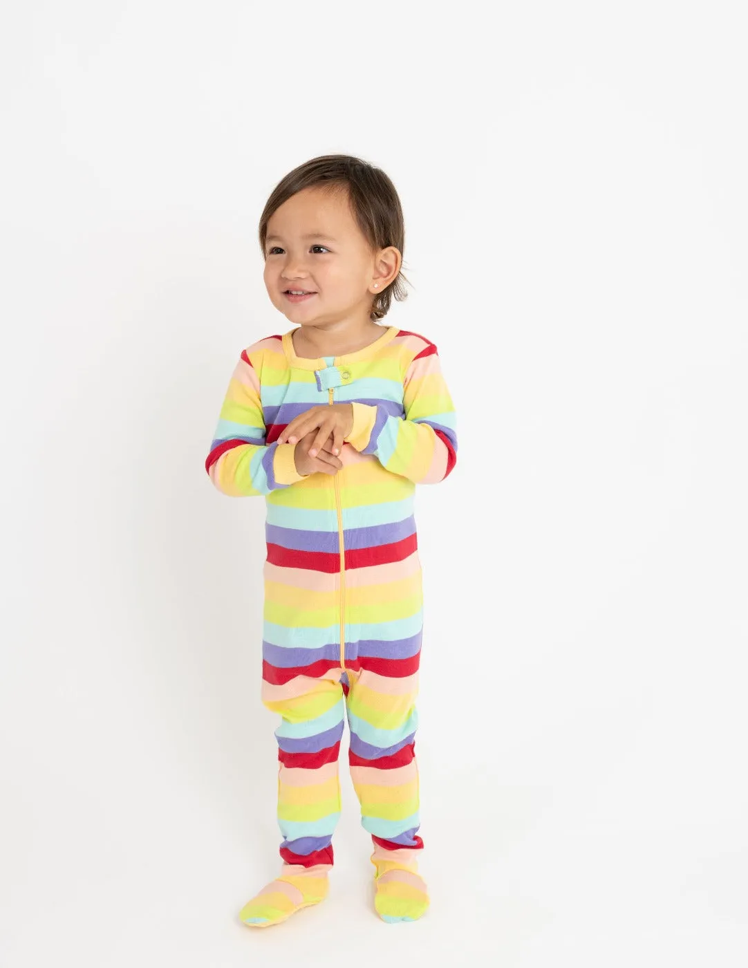 Kid's Footed Cotton Rainbow Girl Stripes Pajamas