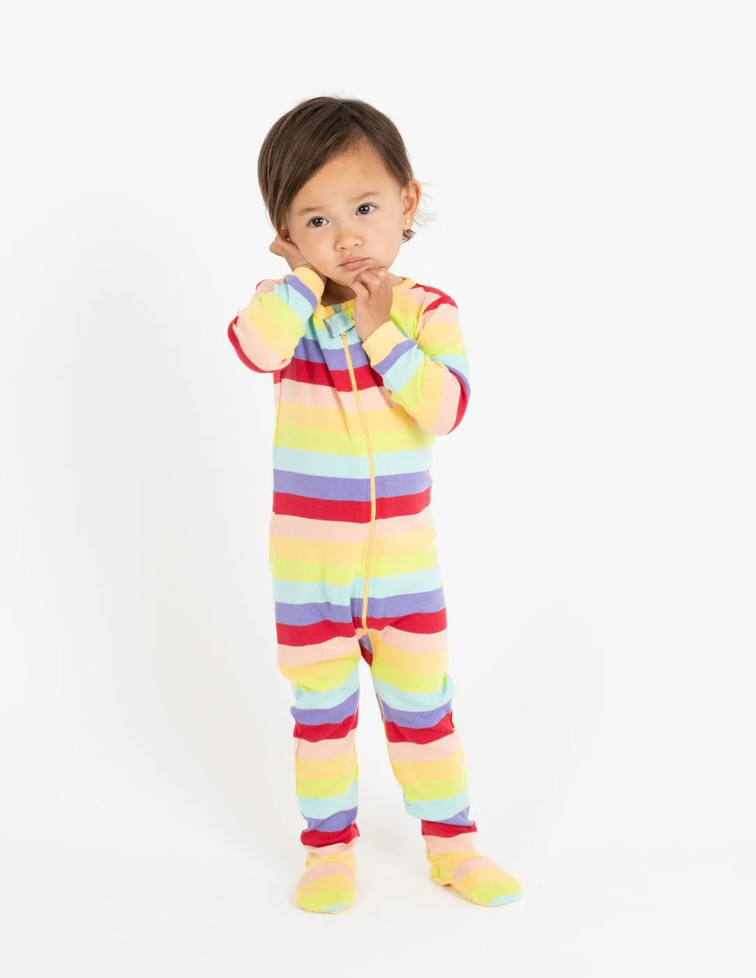 Kid's Footed Cotton Rainbow Girl Stripes Pajamas