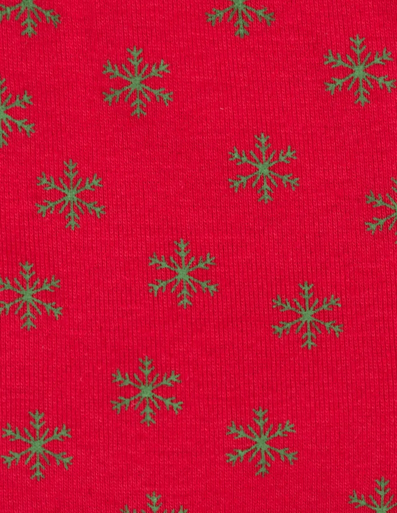 Kids Footed Red & Green Snowflakes Cotton Pajamas