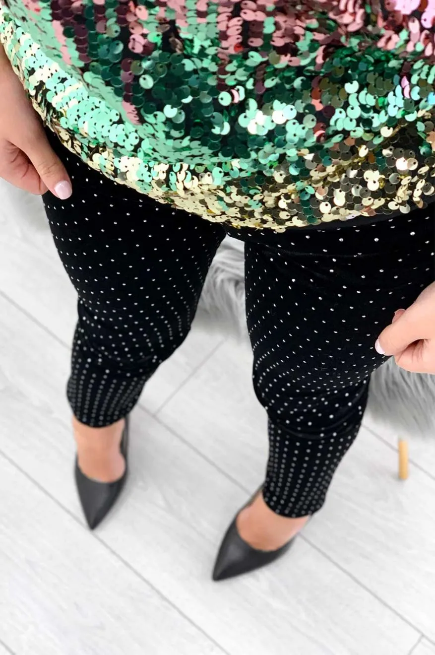 Leggings in velluto con borchie Nero