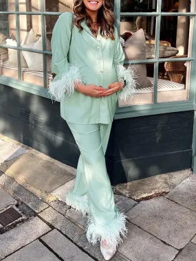 Momnfancy Green Feather Imitation Silk Baby Shower Fashion Maternity Pajamas