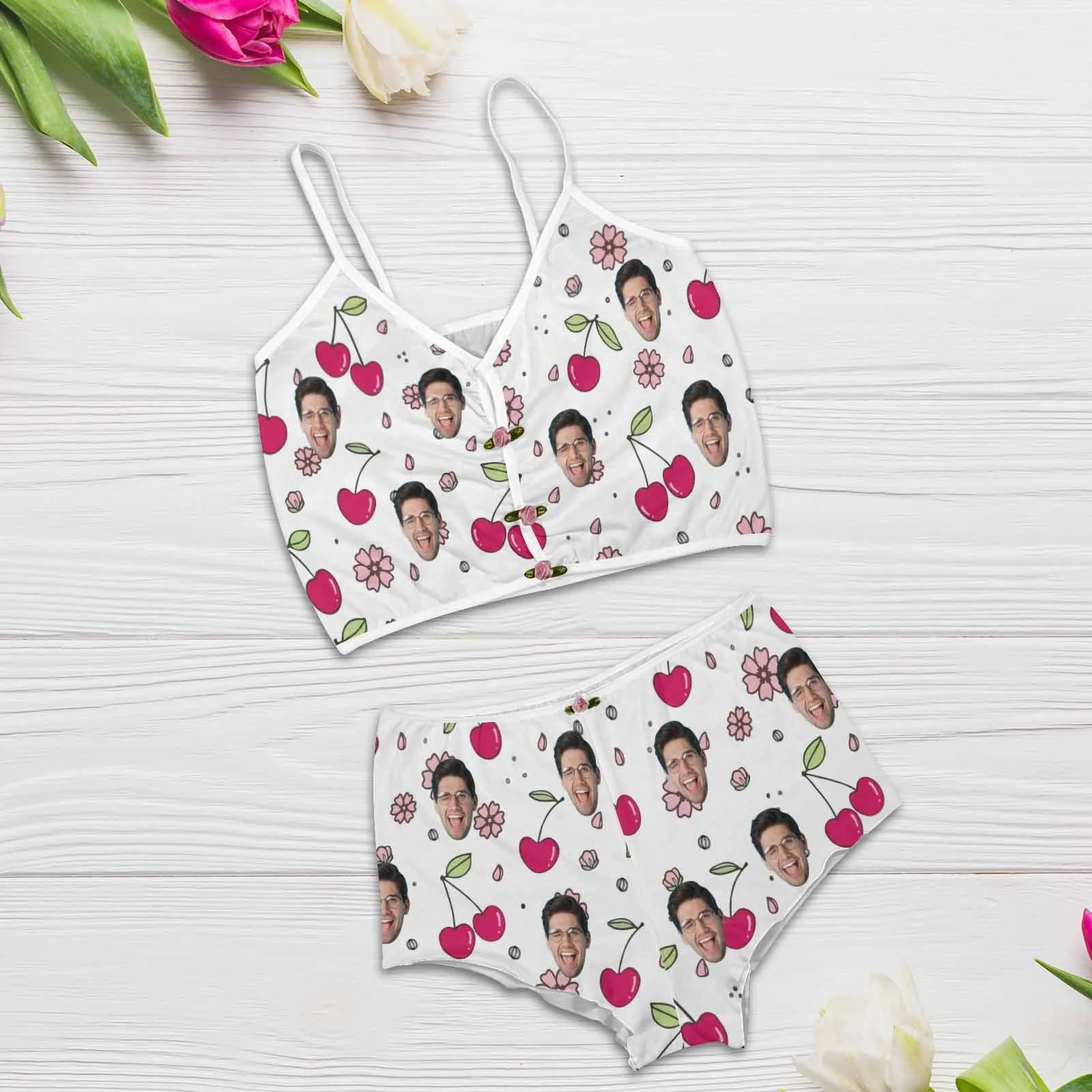 Photo Custom Husband Face Cherry Sleepwear Appliques Notched Neckline Lingerie Set Pajamas Bachelorette party