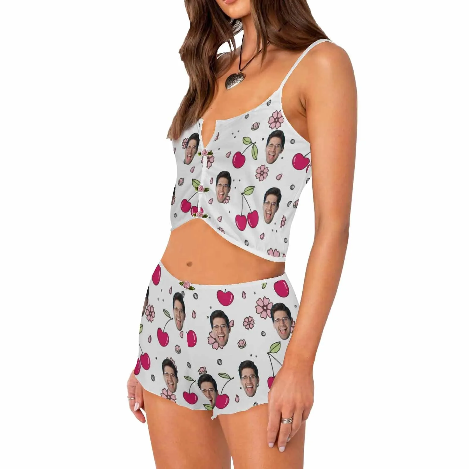 Photo Custom Husband Face Cherry Sleepwear Appliques Notched Neckline Lingerie Set Pajamas Bachelorette party