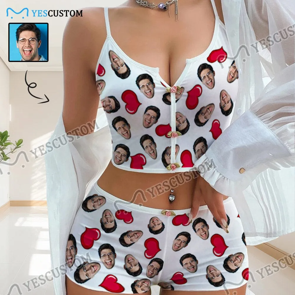 Photo Custom Husband Face&Red Heart Sleepwear Appliques Notched Neckline Lingerie Set Pajamas Bachelorette party