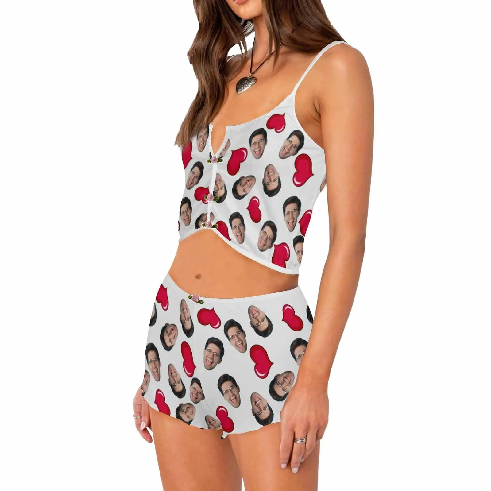 Photo Custom Husband Face&Red Heart Sleepwear Appliques Notched Neckline Lingerie Set Pajamas Bachelorette party