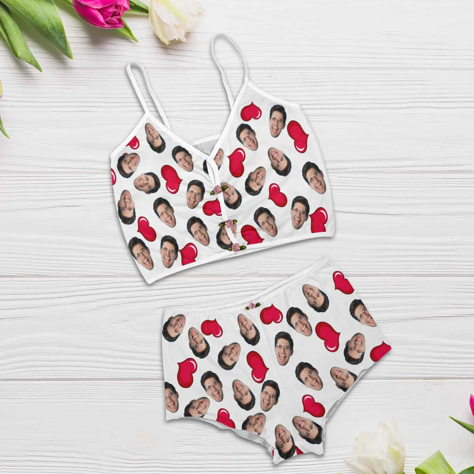 Photo Custom Husband Face&Red Heart Sleepwear Appliques Notched Neckline Lingerie Set Pajamas Bachelorette party