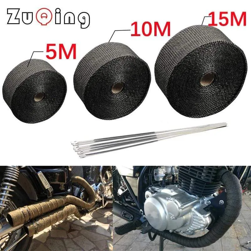 Roll Fiberglass Heat Shield Motorcycle Exhaust Thermal Tape Header Pipe Heat Wrap Tape Thermal Protection with Stainless Ties