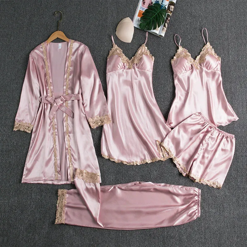 Silk pajamas bedroom wear nighty lingerie 5 piece set