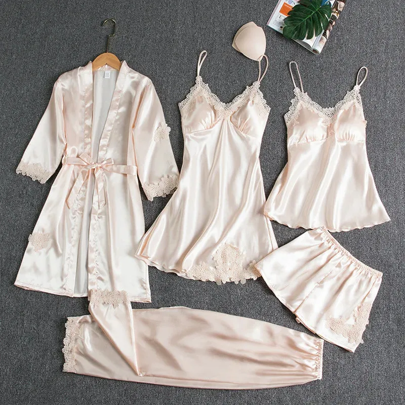 Silk pajamas bedroom wear nighty lingerie 5 piece set