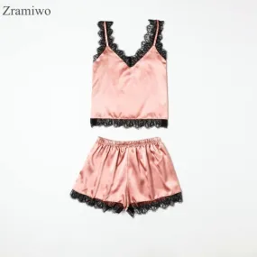 Summer Sleepwear Sexy Satin Pajamas Set Lace Cami Tops and Shorts Sleeveless Nightwear for Women