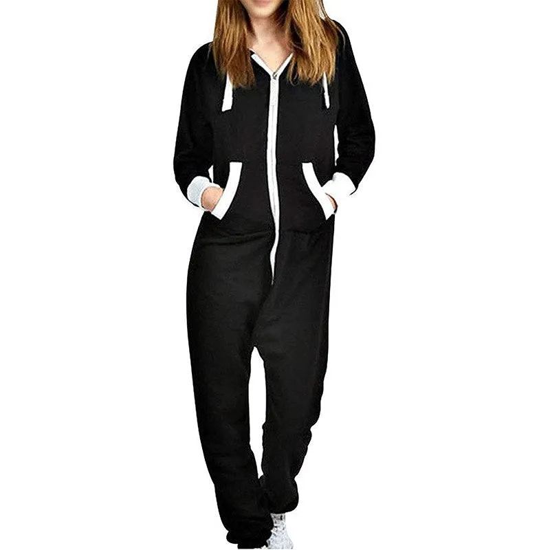 Unisex Indoor Loungewear Jumpsuits Hooded Pockets  Zipper One Piece Solid Pajamas